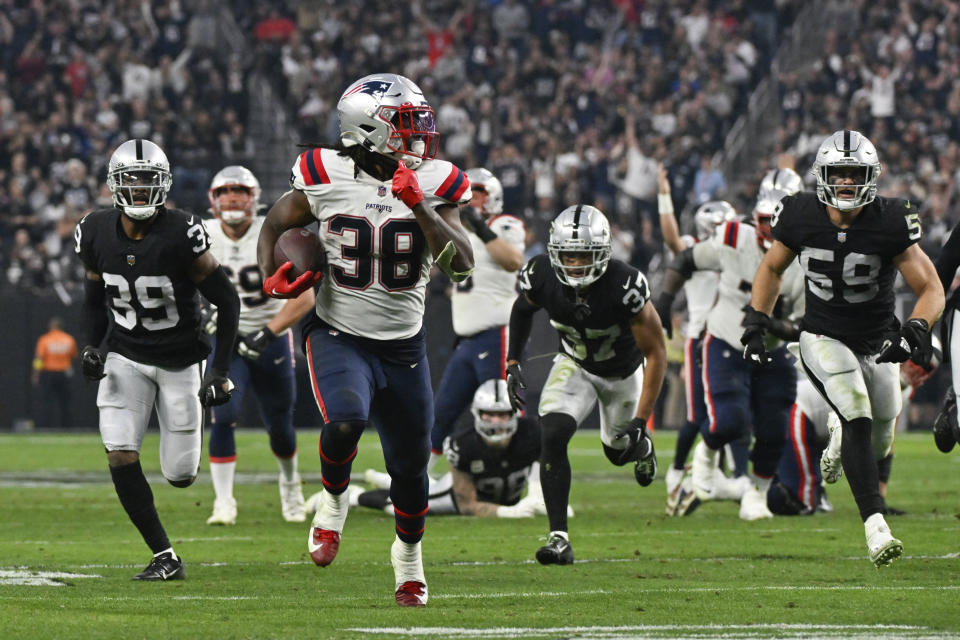 New England Patriots running back Rhamondre Stevenson (38) runs for a 34-yard touchdown during the second half of an NFL football game between the New England Patriots and Las Vegas Raiders, Sunday, Dec. 18, 2022, in Las Vegas. (AP Photo/David Becker)