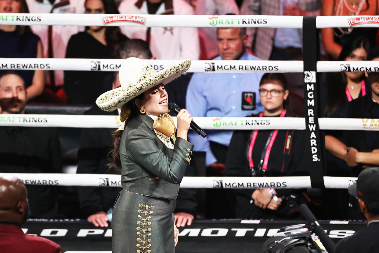 LAS VEGAS, NEVADA - SEPTEMBER 14: Camila Fernandez performs the Mexican national anthem at the WBC, WBA, WBO World Super Middleweight Championship fight at T-Mobile Arena on September 14, 2024 in Las Vegas, Nevada. (Photo by Omar Vega/Getty Images)