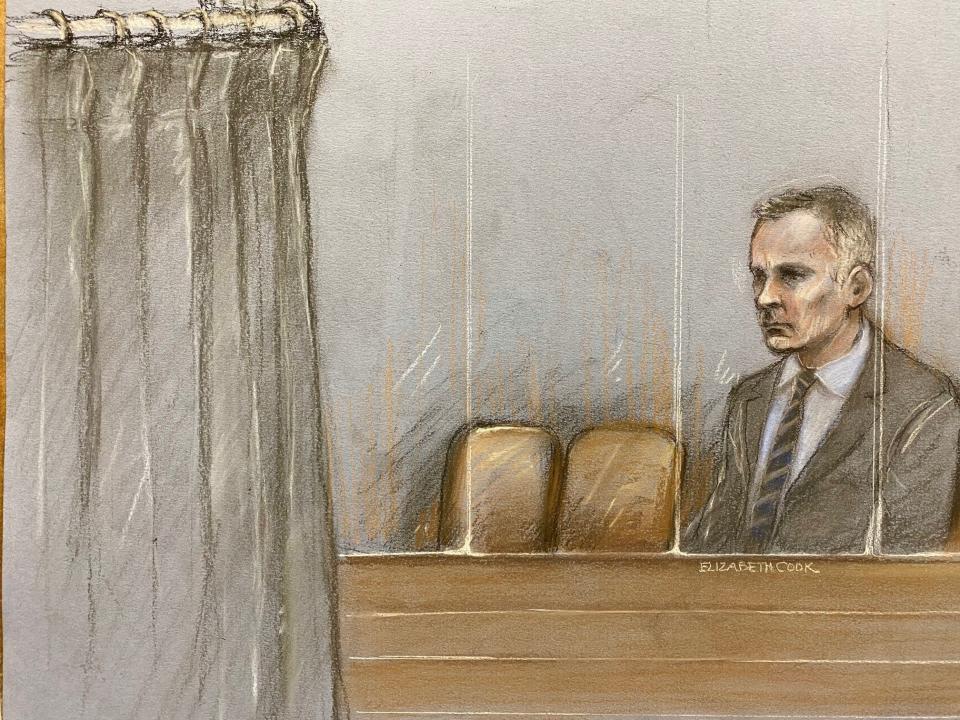 Sketch of Ryan Giggs in court as Kate Greville gave evidence behind a curtain (Elizabeth Cook/PA)