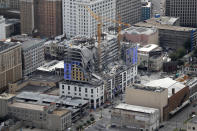 This aerial photo shows the Hard Rock Hotel, which was under construction, after a fatal partial collapse in New Orleans, Saturday, Oct. 12, 2019. (AP Photo/Gerald Herbert)