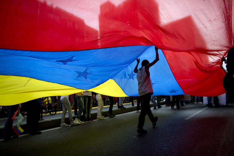 A youth walks under a large Venezuelan flag during a rally organized by workers of the National Telecommunications Company or CANTV to show support for the government in Caracas, Venezuela, Tuesday, Feb. 25, 2014. (AP Photo/Rodrigo Abd)