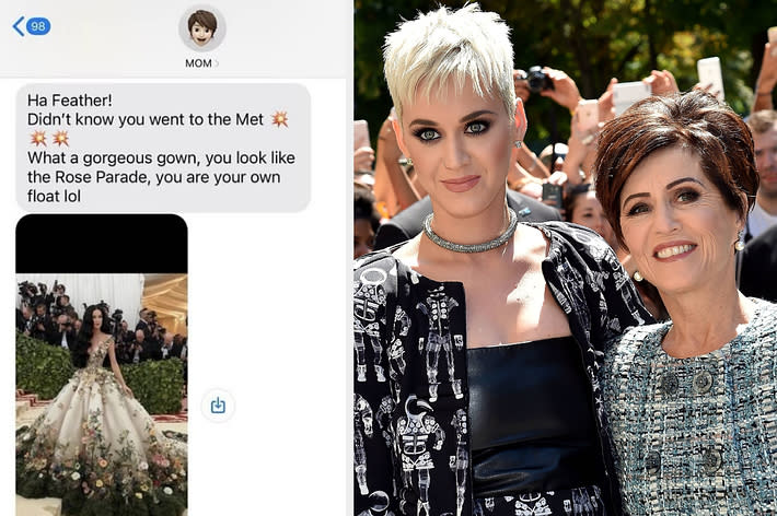 Katy Perry and woman, Perry in black and white printed gown, with fans in the background