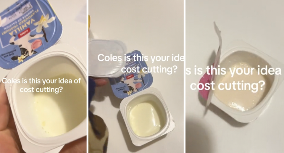Coles brand yoghurts filled less than halfway in a TikTok video. 