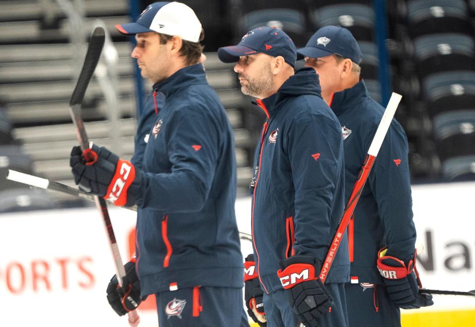 Sep 29, 2023; Columbus, Ohio, United States; Columbus Blue Jackets Assistant Coach Steve McCarthy, head Coach Pascal Vincent and Assistant Coach Mark Recchi watch the team during CBJ Training Camp at Nationwide Arena.