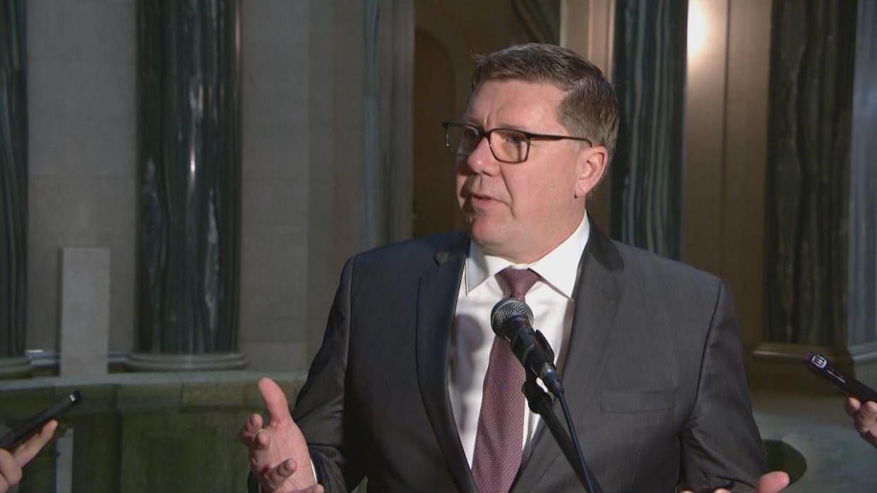 Premier Scott Moe told party members that messages to Speaker Randy Weekes can have consequences and instructed them to govern their actions accordingly.  (CBC - image credit)