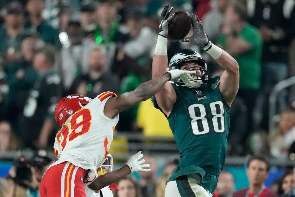 Philadelphia Eagles tight end and Britton (S.D.) native Dallas Goedert (88) works for a catch against Kansas City Chiefs cornerback L'Jarius Sneed (38) during the second half of the NFL Super Bowl 57 football game, Sunday, Feb. 12, 2023, in Glendale, Ariz.