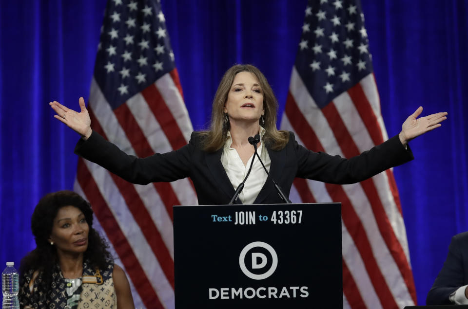 FILE - In this Aug. 23, 2019, file photo, Democratic presidential candidate author Marianne Williamson speaks at the Democratic National Committee's summer meeting in San Francisco. Although she was frozen out of the third Democratic presidential debate, Williamson isn’t giving up yet. The best-selling author and spiritual adviser made a big impression in the second debate but still failed to garner enough support in the polls to qualify for the third debate.(AP Photo/Ben Margot, File)