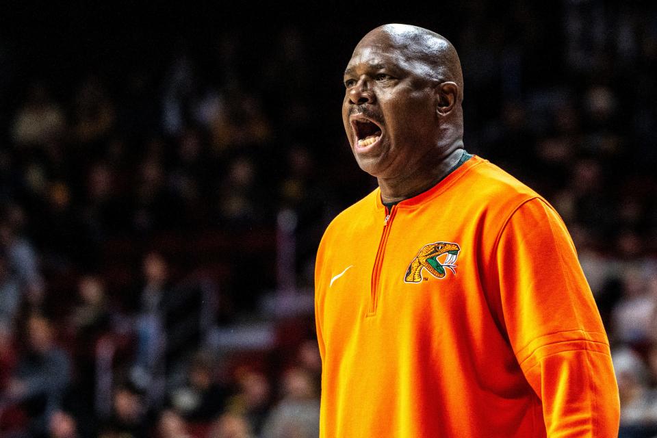 Florida A&M head coach Robert McCullum during the Hawkeye Showcase at Wells Fargo Arena on Saturday, Dec. 16, 2023, in Des Moines.