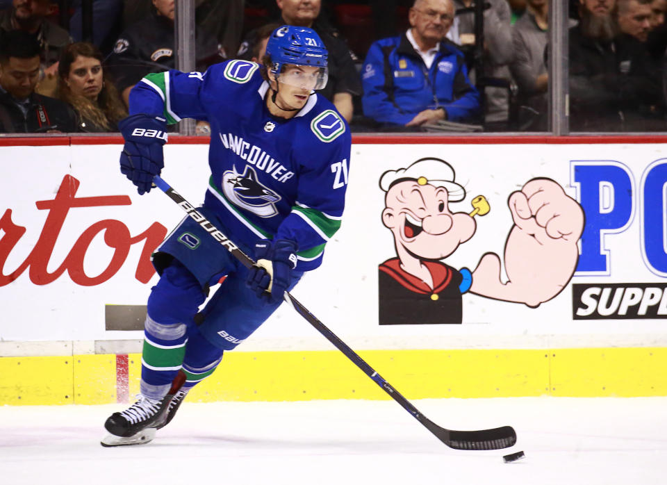 VANCOUVER, BC - MARCH 26: Loui Eriksson #21 of the Vancouver Canucks skates up ice during their NHL game against the Anaheim Ducks at Rogers Arena March 26, 2019 in Vancouver, British Columbia, Canada.  (Photo by Jeff Vinnick/NHLI via Getty Images)"n