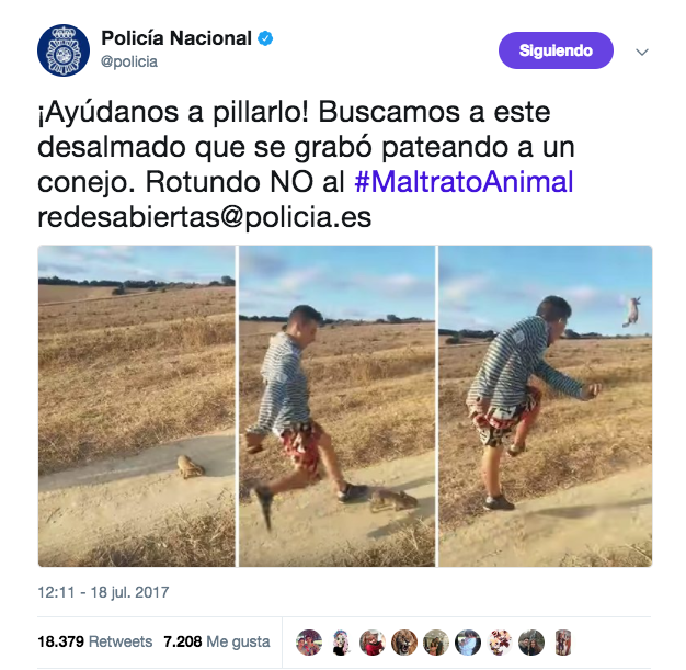 El tuit de la Policía para encontrar a un maltratador de animales (Twitter