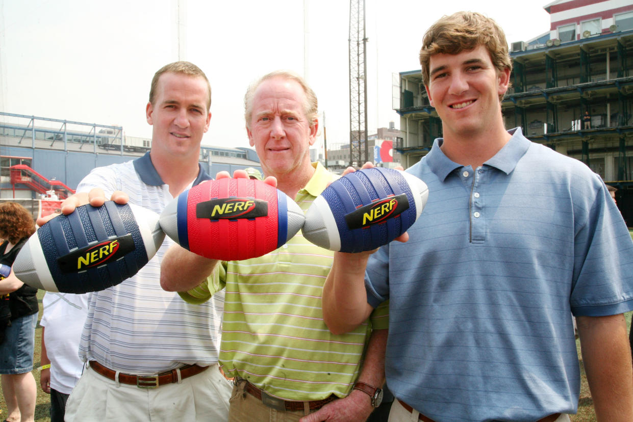 Peyton Manning, Archie Manning and Eli Manning at the NERF Father's Day Football Throwdown on June 14, 2008 at Chelsea Piers in New York. (Photo by Astrid Stawiarz/Getty Images)