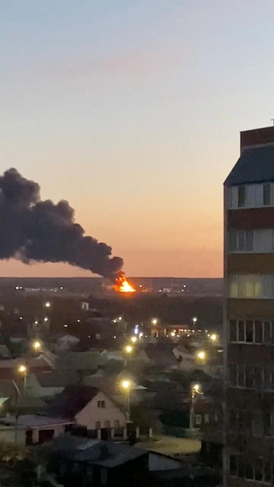 Russian media footage shows the aftermath of an alleged drone attack on an airfield in the Kursk region on Tuesday (VIA REUTERS)