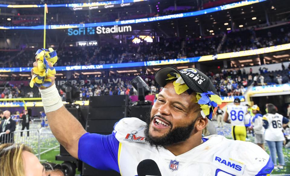 Rams defensive end Aaron Donald (99) celebrates after Super Bowl LVI.