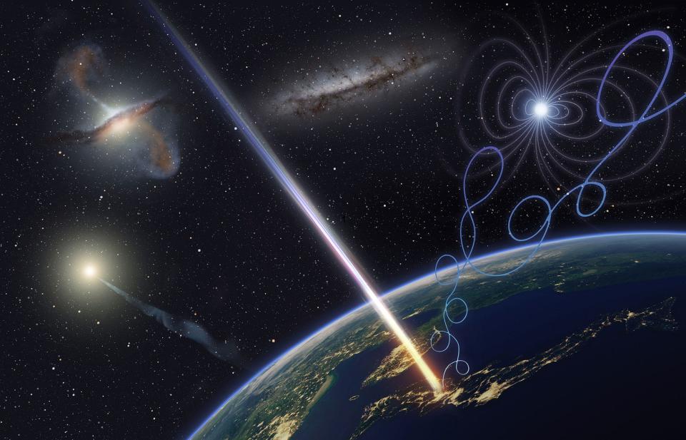 Artist’s illustration of ultra-high-energy cosmic ray astronomy to clarify extremely energetic phenomena.