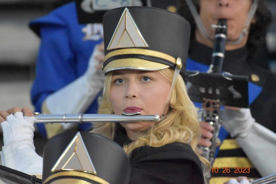 Hanson plays flute in the Karns High School band, October 2023.