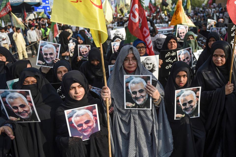 Shiite Muslims march to protest against the US strike that killed Iranian commander Qasem Soleimani in Iraq, during a demonstration in Karachi on January 5, 2020. - A US drone strike killed top Iranian commander Qasem Soleimani at Baghdad's international airport on January 3, dramatically heightening regional tensions and prompting arch enemy Tehran to vow "revenge". (Photo by Rizwan TABASSUM / AFP) (Photo by RIZWAN TABASSUM/AFP via Getty Images)