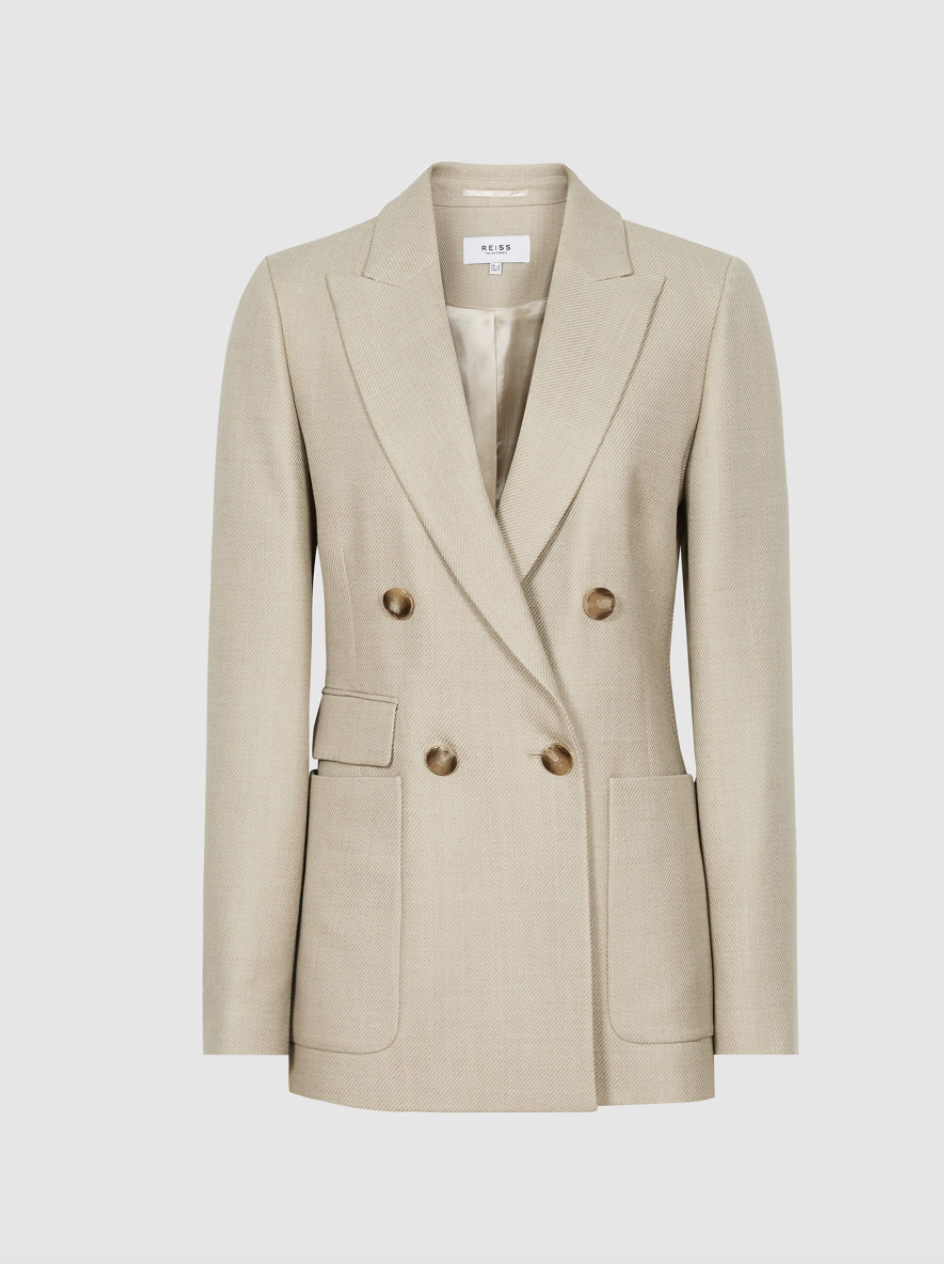 Reiss Larsson Double Breasted Twill Blazer in Neutral (Photo via Reiss)