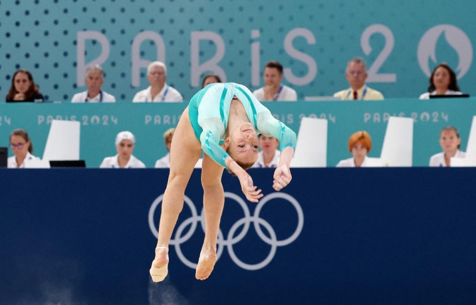 Ana Barbosu of Romania in action during the final floor exercise on August 5 in Paris. (REUTERS)