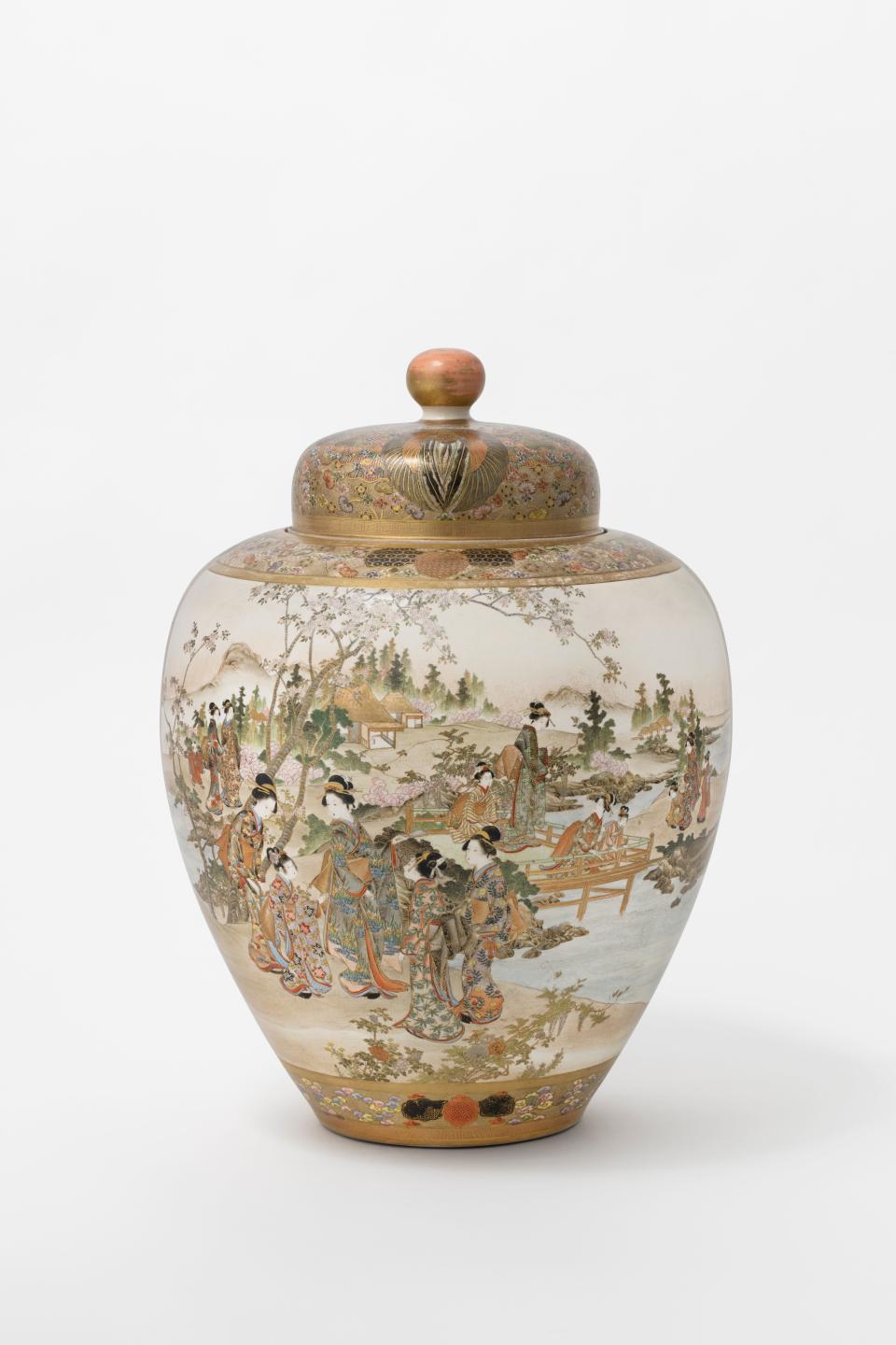 A peacock-pattern decorative pot by Ichiyo Yamamoto is on display in the Japanese art exhibit at Memphis Botanic Garden.