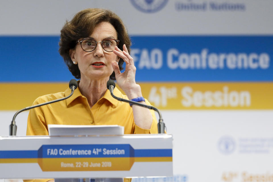Catherine Geslain Lancelle, from France, one of the candidates for the Director-General position of the FAO (UN Food and Agriculture Organization), addresses a plenary meeting of the 41st Session of the Conference, at the FAO headquarters in Rome, Saturday, June 22, 2019. The new FAO Director-General will be voted on Sunday. (AP Photo/Andrew Medichini)