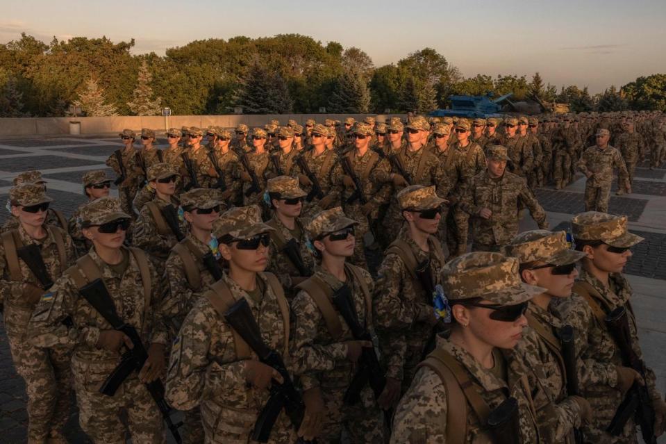 Ukrainian cadets march during a ceremony for taking the military oath at the National Museum of the History of Ukraine in World War II, in Kyiv, on Sept. 8, 2023. (Roman Pilipey/AFP via Getty Images)