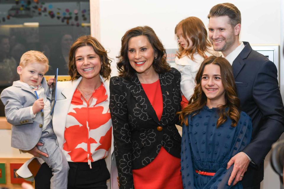 <p>Courtesy Tammy Myers</p> Left to right: Eames, Tammy, Gov. Gretchen Whitmer, Corryn, Ellison being held by dad Jordan Myers. CR: Courtesy Tammy Myers