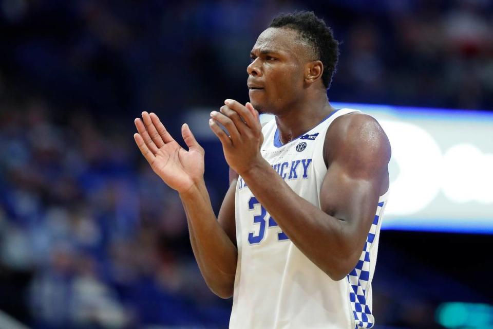 Kentucky Wildcats forward Oscar Tshiebwe (34) celebrates during a game against the Georgia Bulldogs at Rupp Arena in Lexington, Ky., Saturday, Jan. 8, 2022.