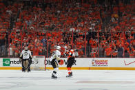 PHILADELPHIA, PA - APRIL 15: Craig Adams #27 of the Pittsburgh Penguins and Scott Hartnell #19 of the Philadelphia Flyers prepare to fight in the third period in Game Three of the Eastern Conference Quarterfinals during the 2012 NHL Stanley Cup Playoffs at Wells Fargo Center on April 15, 2012 in Philadelphia, Pennsylvania. The Flyers defeated the Penguins 8-4. (Photo by Bruce Bennett/Getty Images)