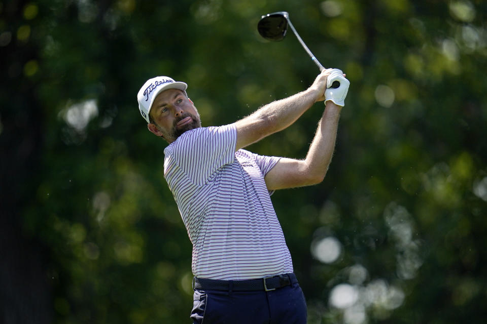 Webb Simpson tees off on the fifth hole during the first round of the BMW Championship golf tournament, Thursday, Aug. 26, 2021, at Caves Valley Golf Club in Owings Mills, Md. (AP Photo/Julio Cortez)