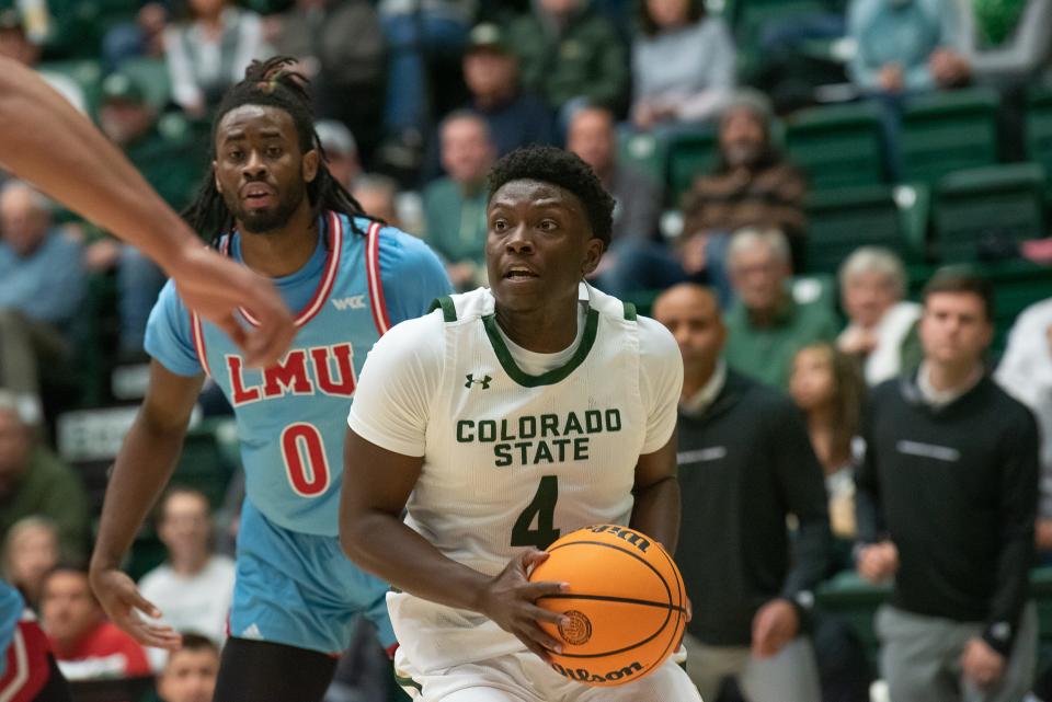 Colorado State basketball guard Isaiah Stevens prepares to go for a basket during a game against Loyola Marymount at Moby Arena on Wednesday, Nov. 30, 2022, in Fort Collins, Colo.