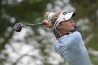 Nelly Korda hits off the fourth tee during the first round of the LPGA Cognizant Founders Cup golf tournament, Thursday, May 9, 2024, in Clifton, N.J. (AP Photo/Seth Wenig)