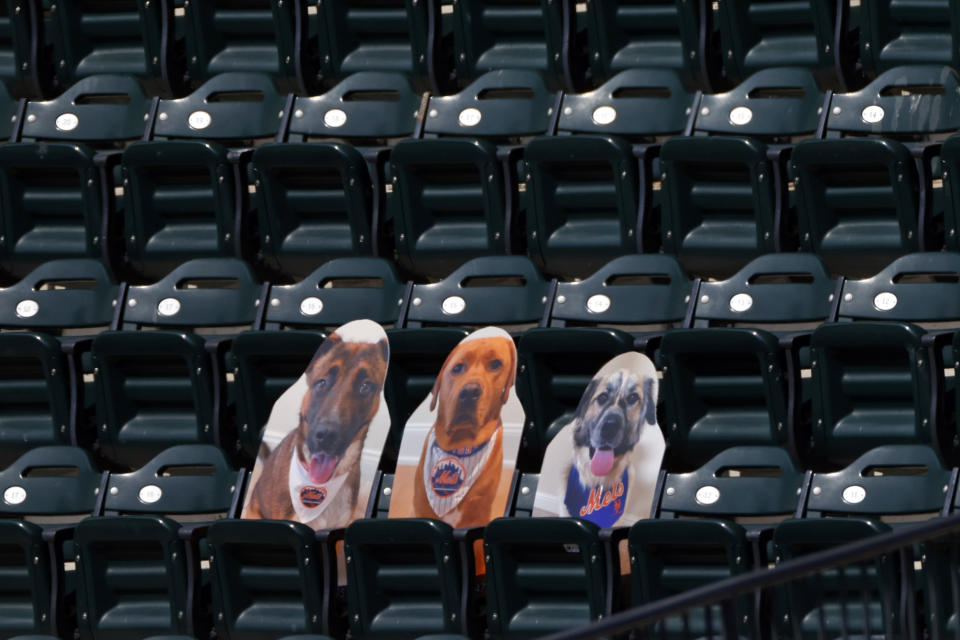 Cutouts of New York Mets players' dogs are displayed in the stands during a baseball game against the Atlanta Braves, Saturday, July 25, 2020, in New York. The likeness on the right of 1-year-old Willow, a puppy owned by the Mets' Jeff McNeil, was hit by a home run off the bat of Atlanta's Adam Duvall on Saturday. (AP Photo/Adam Hunger)