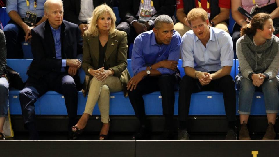 Former Vice President Joe Biden (L), Jill Biden, former U.S. President Barack Obama (C) and Prince Harry 