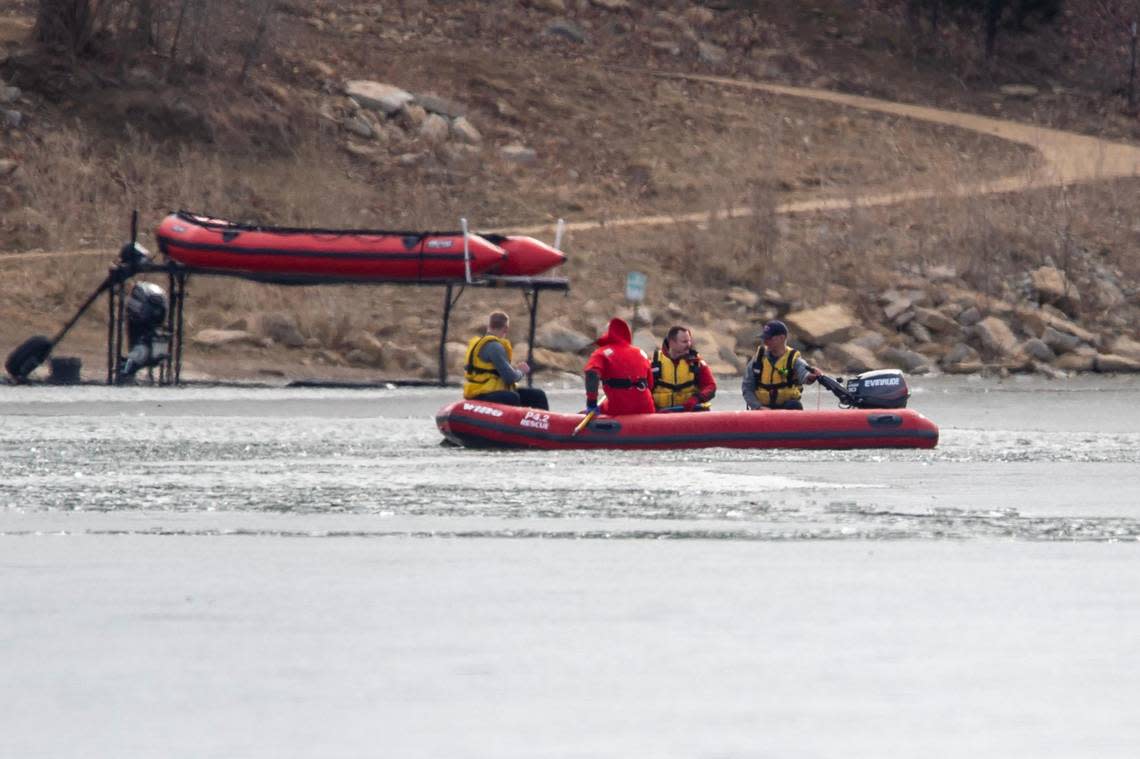 First responders were on the scene to find a person who fell into Shawnee Mission Lake on Monday, Feb. 6, 2023, in Lenexa.