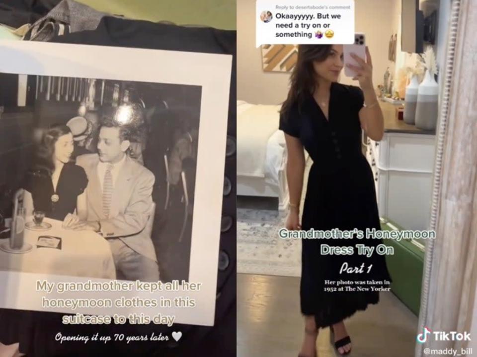 Woman tries on the clothes her grandmother wore on her honeymoon 70 years later  (TikTok / @maddy_billl)