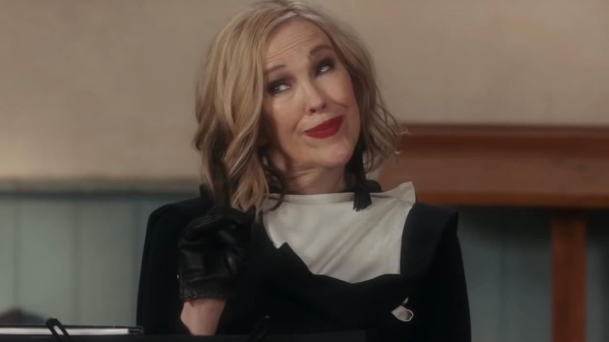  Catherine O'Hara making a gesture as she speaks in Schitt's Creek. 