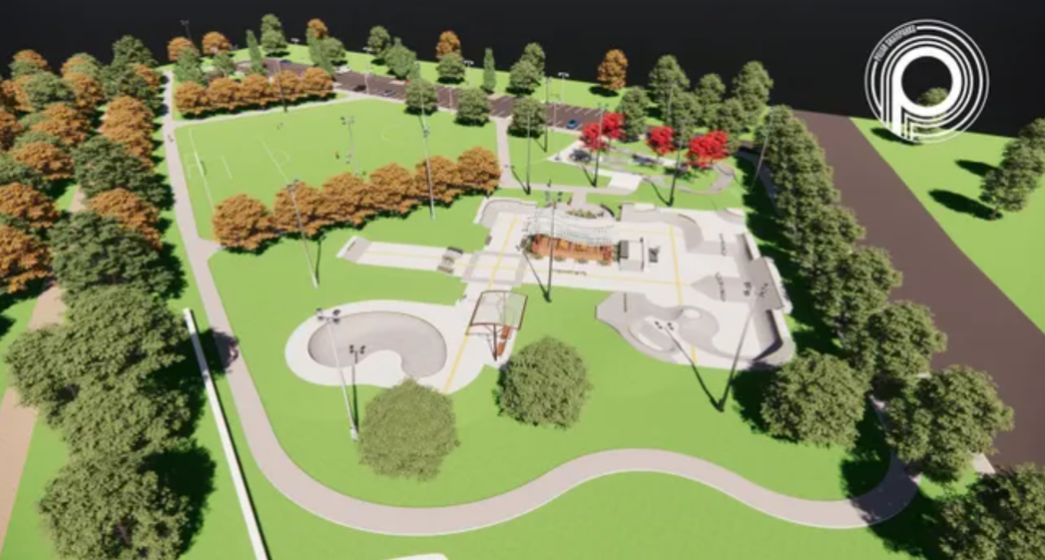 A rendering of the new skateboard park in Portsmouth, which will be located off Route 33 at the city's stump dump. Construction could begin on the skatepark as soon as next spring.