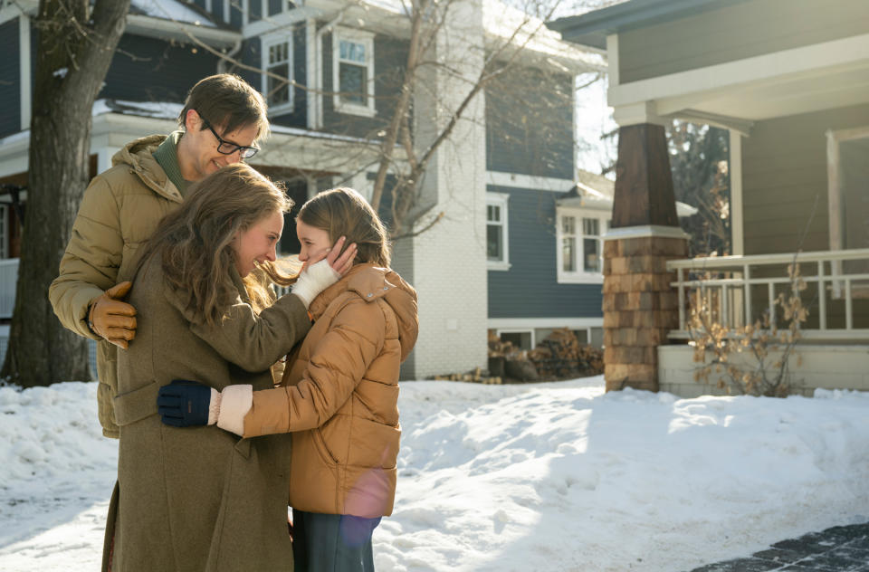 "FARGO" -- "Bisquik" -- Year 5, Episode 10 (Airs Jan 16)  Pictured (L-R):  David Rysdahl as Wayne Lyon, Juno Temple as Dorothy “Dot” Lyon, Sienna King as Scotty Lyon.  CR: Michelle Faye/FX