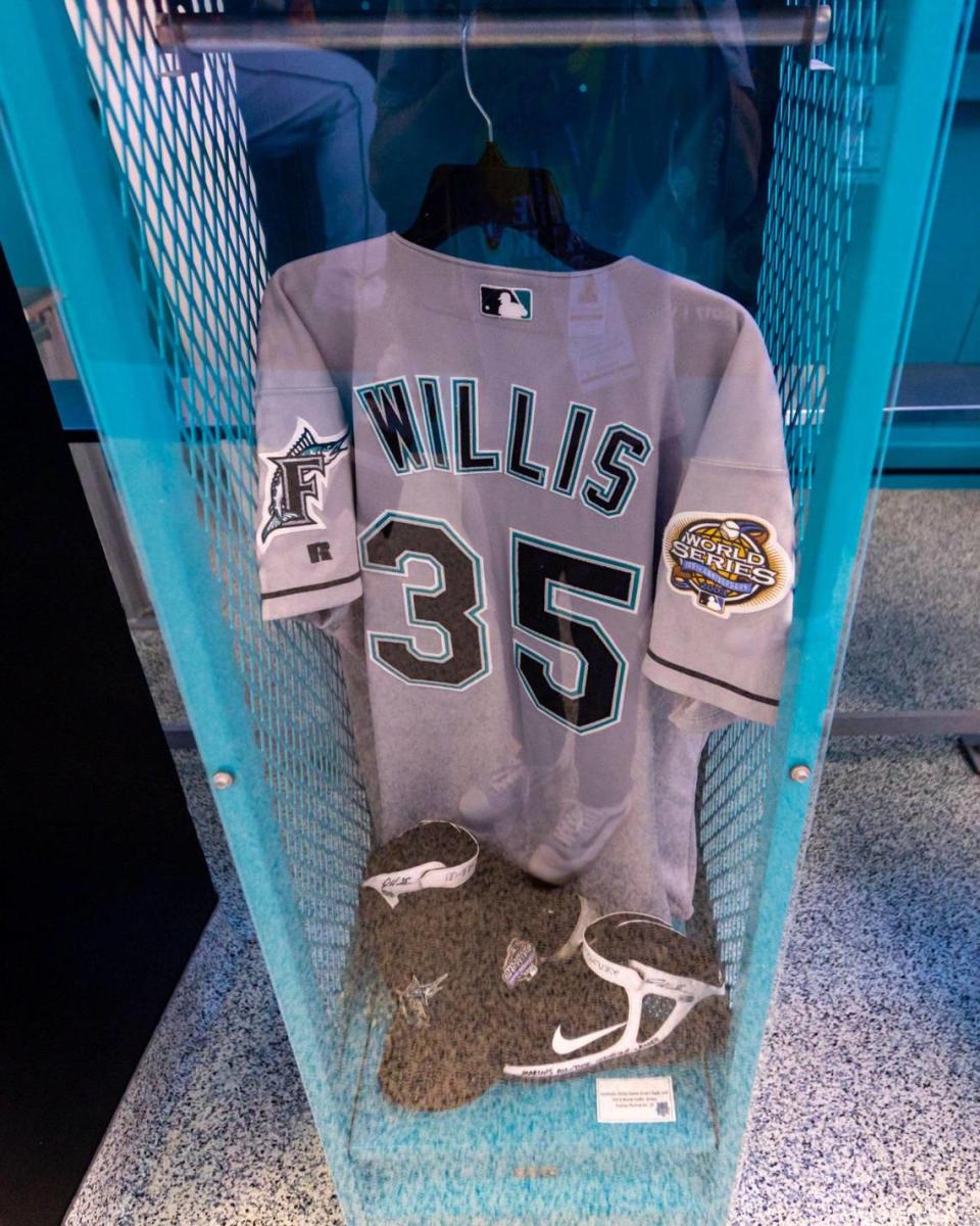 A Florida Marlins Dontrelle Willis jersey displayed within the Miami Marlins 30th Anniversary History Museum inside loanDepot Park on Wednesday, May 17, 2023.