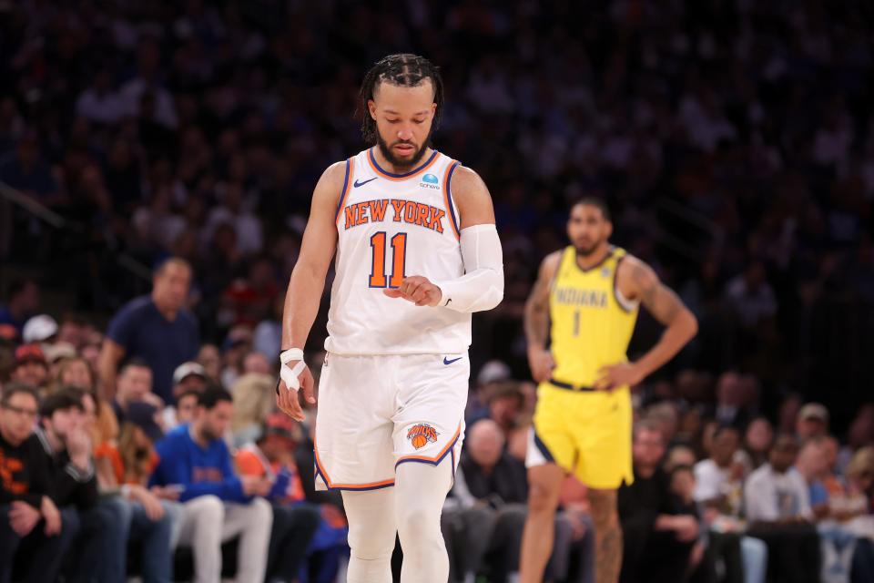 New York Knicks guard Jalen Brunson (11) flexes his left hand during the third quarter of Game 7 of the second-round playoff series against the Indiana Pacers.