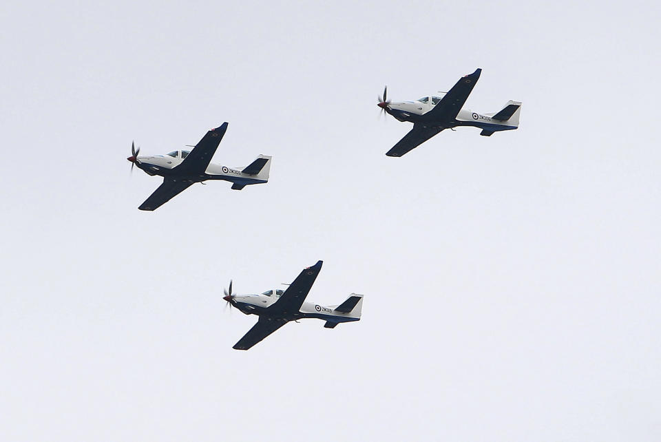 Photo by: zz/KGC-254/STAR MAX/IPx 2018 7/10/18 Aircraft fly in formation over Southbank as part of the flyover celebrating the 100th Anniversary of the Royal Air Force (RAF) on July 10th 2018. (London, England, UK)