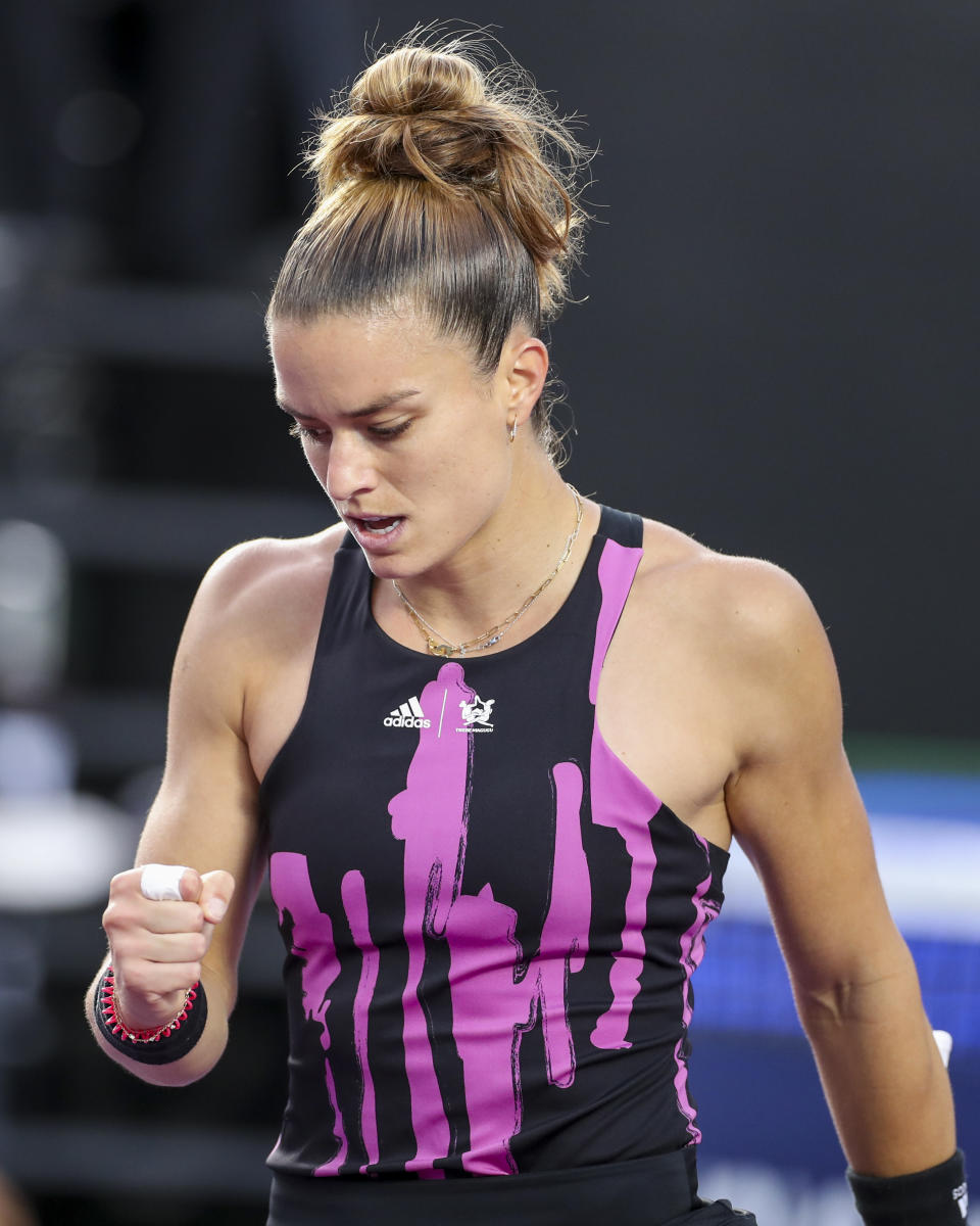 Maria Sakkari, of Greece, reacts during the WTA tennis tournament final match against Jessica Pegula, of the United States, in Guadalajara, Mexico, Sunday, Oct. 23, 2022. (AP Photo/Refugio Ruiz)