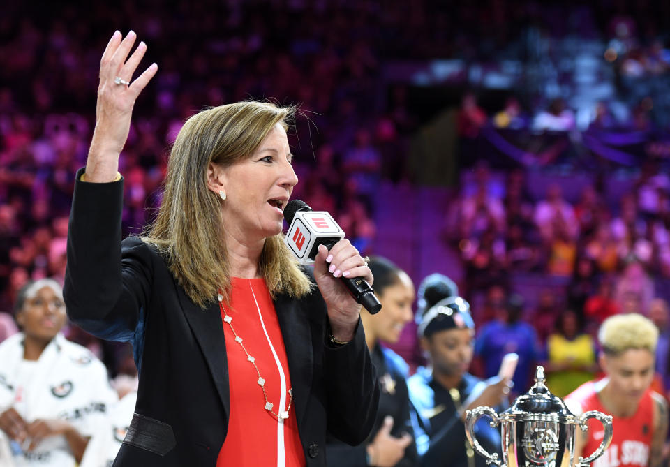 WNBA Commissioner Cathy Engelbert speaks on the court after the WNBA All-Star Game 2019 at the Mandalay Bay Events Center on July 27, 2019 in Las Vegas, Nevada. Team Wilson defeated Team Delle Donne 129-126. NOTE TO USER: User expressly acknowledges and agrees that, by downloading and or using this photograph, User is consenting to the terms and conditions of the Getty Images License Agreement.  (Photo by Ethan Miller/Getty Images)