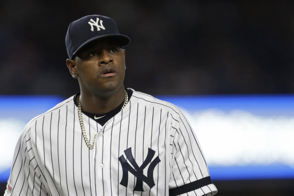 Sep 17, 2019; Bronx, NY, USA; New York Yankees pitcher Luis Severino (40) walks to the dugout against the Los Angeles Angels during the third inning at Yankee Stadium. Mandatory Credit: Adam Hunger-USA TODAY Sports