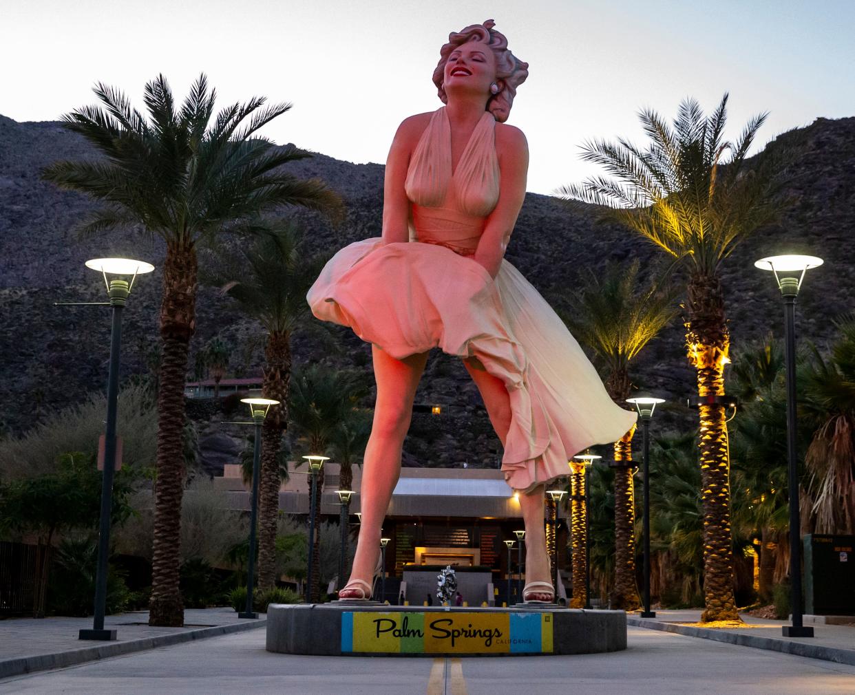 The Forever Marilyn statue is seen lit by red light in celebration of National Wear Red Day in an event organized by the Coachella Valley Heart Association in Palm Springs, Calif., Friday, Feb. 2, 2024. in Palm Springs, Calif., Friday, Feb. 2, 2024.