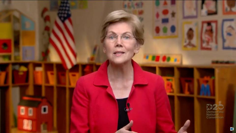 Elizabeth Warren, U.S. Senator from Massachusetts, speaks to viewers during the Democratic National Convention at the Wisconsin Center, Wednesday, Aug. 19, 2020.