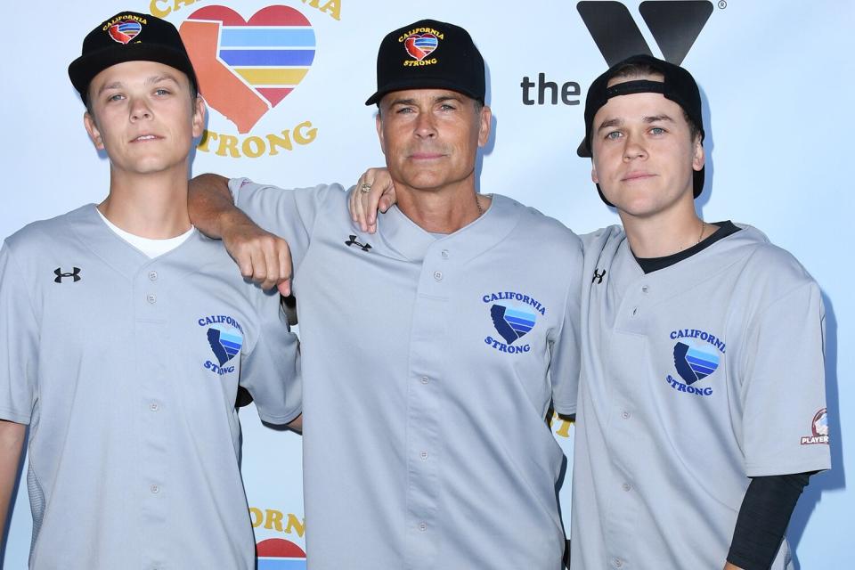 Rob Lowe (C) and sons attend California Strong Celebrity Softball Game