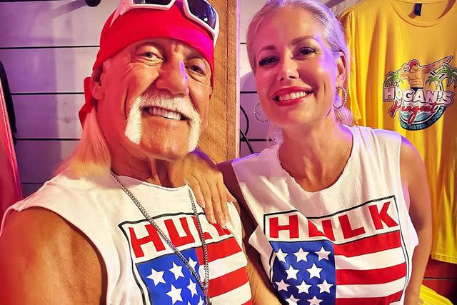 <p>Hulk Holgan/Instagram</p> Hulk Hogan and Sky Daily pose in matching shirts.