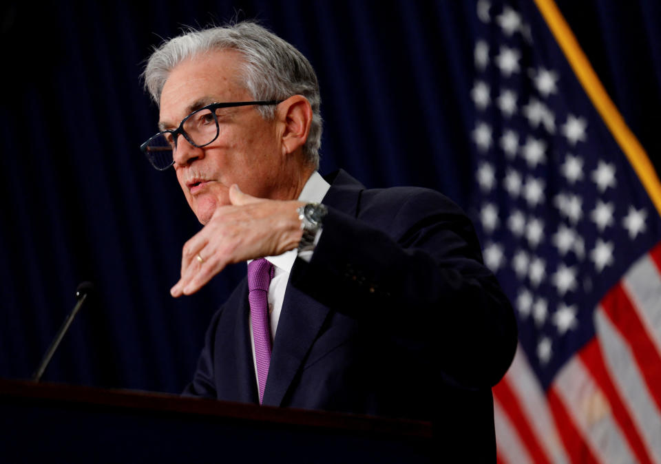 U.S. Federal Reserve Chairman Jerome Powell addresses a press conference after the release of the Fed policy decision to leave interest rates unchanged, at the Federal Reserve in Washington, U.S, September 20, 2023. REUTERS/Evelyn Hockstein