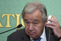 Secretary-General of the United Nations Antonio Guterres attends a press conference at the Japan National Press Club in Tokyo, Monday, Aug. 8, 2022. Guterres urged countries with nuclear weapons to stick to their no-first-use commitment of their atomic arsenals, warning that the nuclear arms race has returned amid growing international tension. (AP Photo/Eugene Hoshiko)